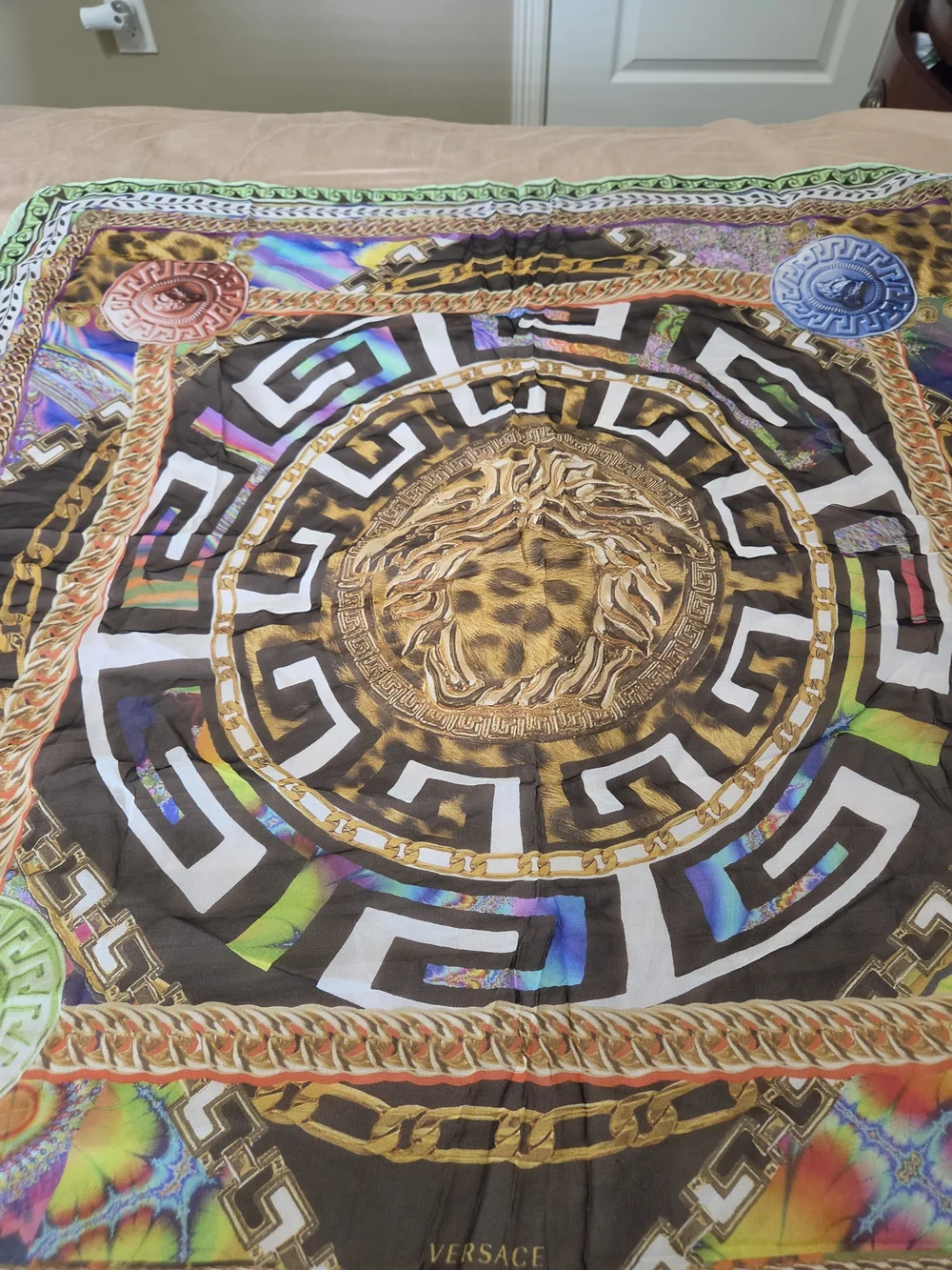 Authentic Versace 100% Silk Medusa Greek Key Multicolor Scarf Shawl Made Italy